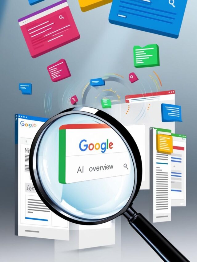 Magnifying glass over a Google search box, with snippets, AI Overviews, and answer boxes popping up.__