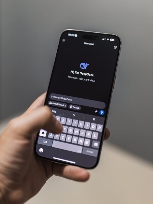 Close-up of a smartphone with an AI chat interface titled "DeepSeek" on the screen.