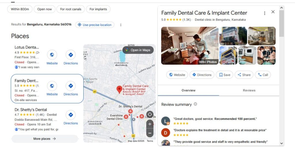 Google Maps reviews for a dentist